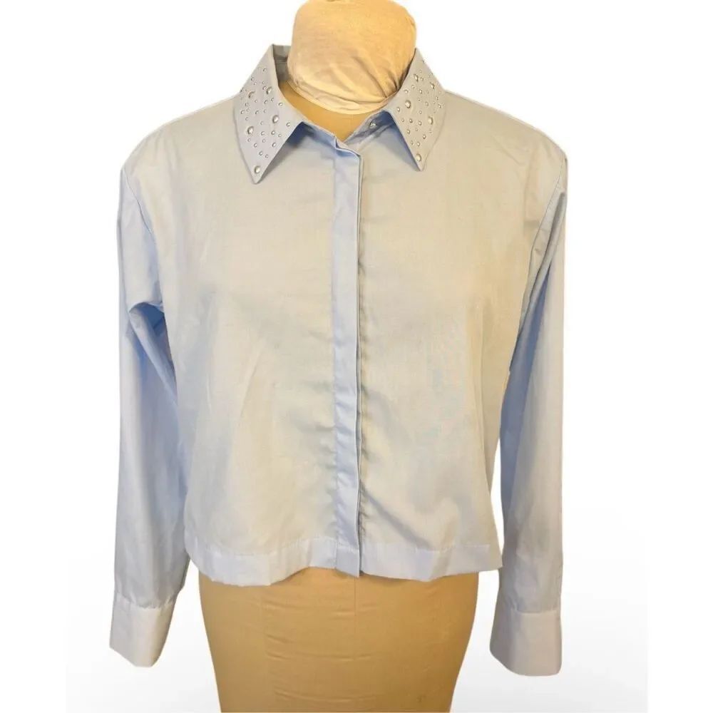 Velvet Heart Cropped Long Sleeve Blouse Studded Collar Medium Ice Blue